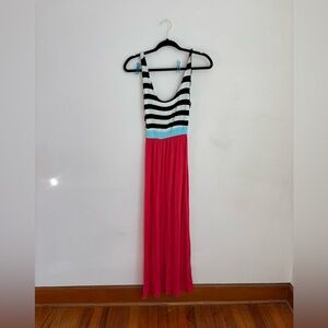 Bellamie Black and White Striped Top with Pink Maxi Dress